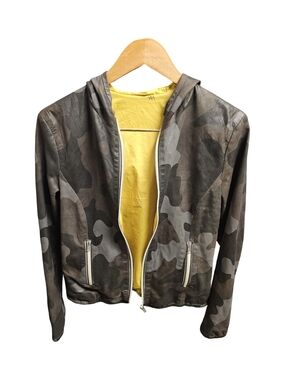 Angela Milano Made In Italy 100% Leather Camo Hooded Moto Jacket Womens M